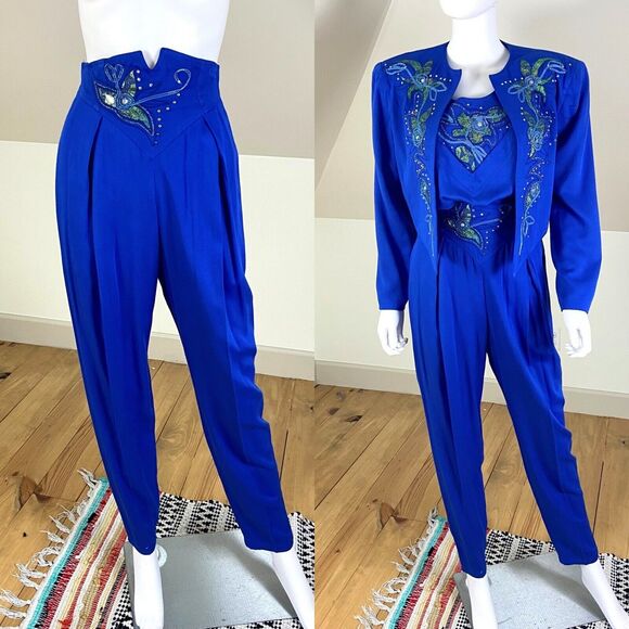 IIF Pants - Vintage 80s 90s IIF Blue Western Jacket Tank Top Pants Set Suit Jumpsuit S Small
